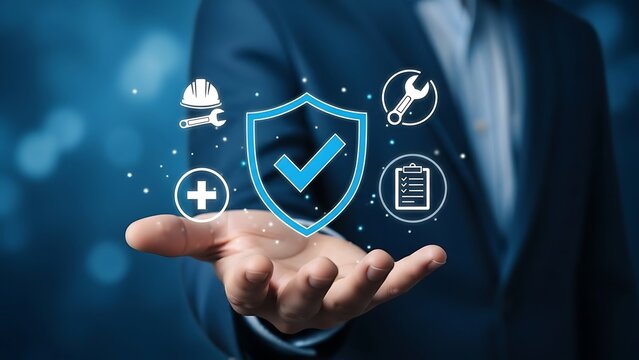 Quality assurance and safety management icons over businessman hand, industrial standard certification shield, work health and security compliance