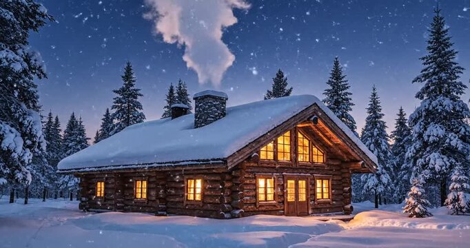 Cozy log cabin in a snowy forest at dusk with warm lights glowing from windows