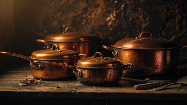 Vintage copper cookware set with lids on rustic wooden table kitchen utensils and autumn leaves