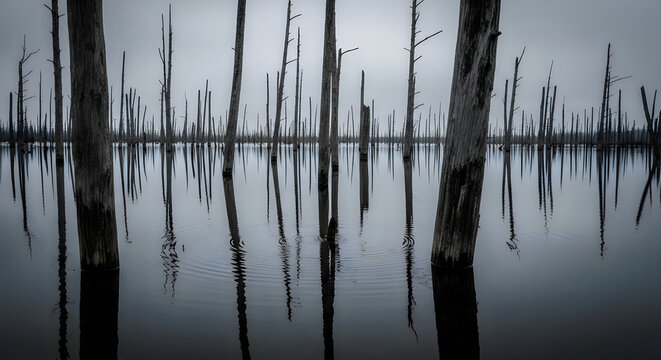 Eerie landscape of dead trees standing in calm, dark water under a gloomy, overcast sky