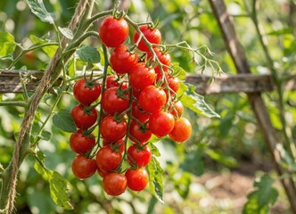 Obraz premium Generated ai Vibrant Bunch of Ripe Red Cherry Tomatoes Growing on a Vine in the Sun
