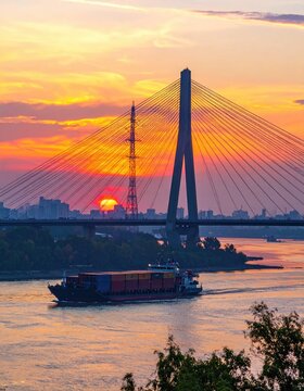 A vibrant sunset illuminates a cable-stayed bridge and a cargo ship navigating a wide river.
