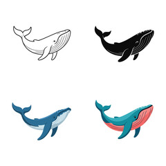 Giant whale collection, outline and color variations, sea life celebration, ocean awareness march poster, aquarium tour guide, vector illustration pack © RA Studio