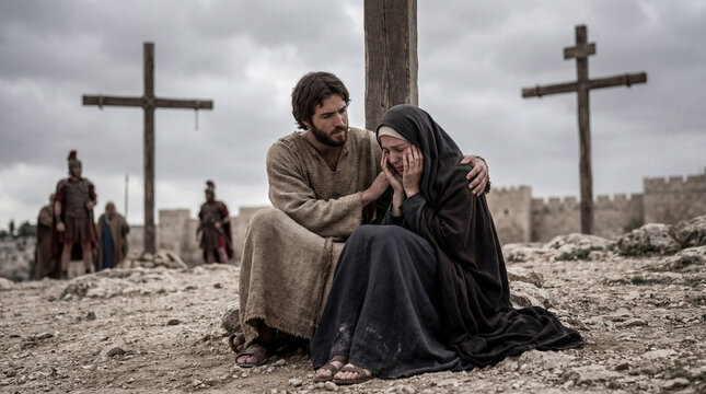 Biblical scene of a man comforting a grieving woman at the foot of the cross. Roman soldiers blurred in the background