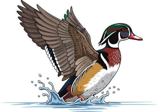 A vibrant wood duck vector illustration depicts the waterfowl taking flight, splashing water with its wings