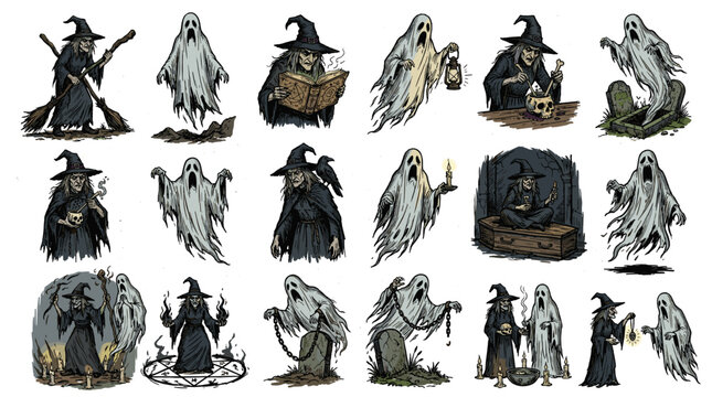 Vintage spooky ghost collection with grim reaper haunted spirits and dark halloween creatures, hand drawn vector set for horror, gothic and occult designs