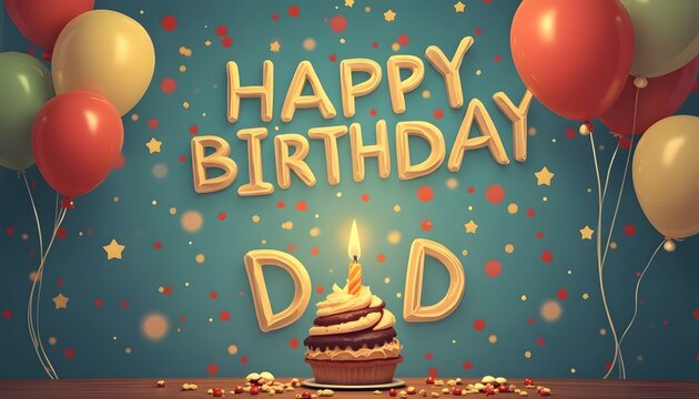 A cupcake with a candle and balloons that say happy birthday dad