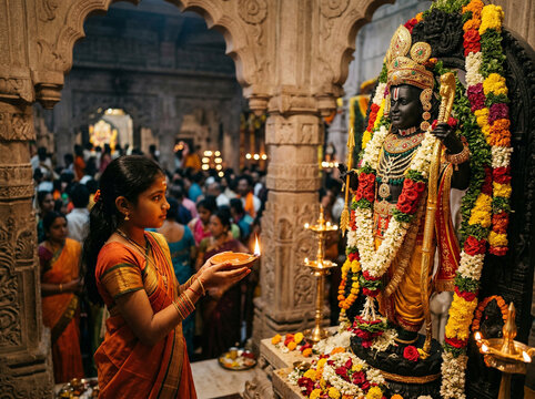 English: Young Indian female devotee holding a lit diya oil lamp in front of Lord Rama statue in a historic temple, warm golden hour lighting, cinematic spiritual atmosphere.