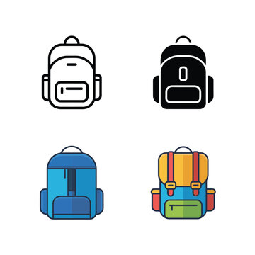 Backpack icon bundle featuring outline, solid and colorful versions, education accessory graphics for orientation guides, school planners, online shops catalogs
