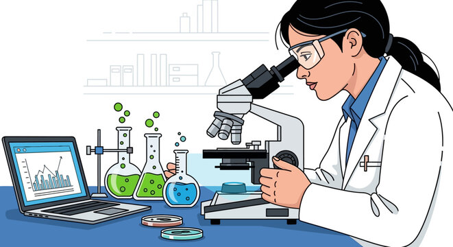 Female scientist examining samples with a microscope in laboratory