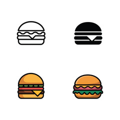 Fototapeta premium Burger icon set with outline, solid and colorful styles, fast food sandwich graphics for cafe menu, restaurant branding, takeaway promotions