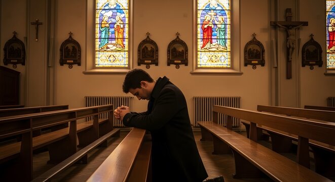 Young man in a dark coat kneeling in prayer on a wooden pew inside a quiet church with colorful stained glass windows