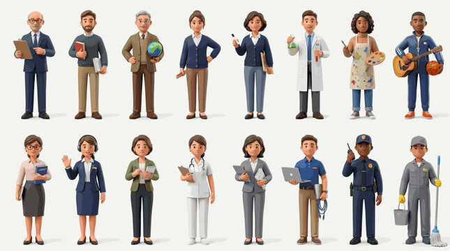 Diverse professional workers collection with doctors police officers chef musician and service staff, flat vector character set isolated on white background