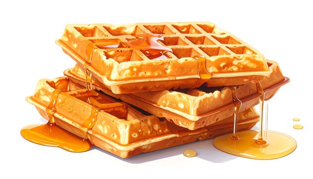 A stack of golden-brown waffles with syrup