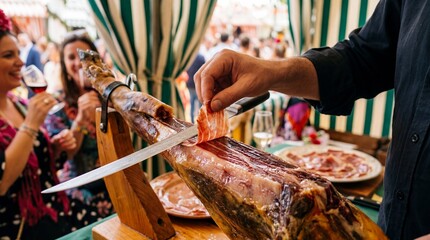 Naklejka premium Carving authentic Jamon Iberico cured ham at a festive Spanish fair tent.