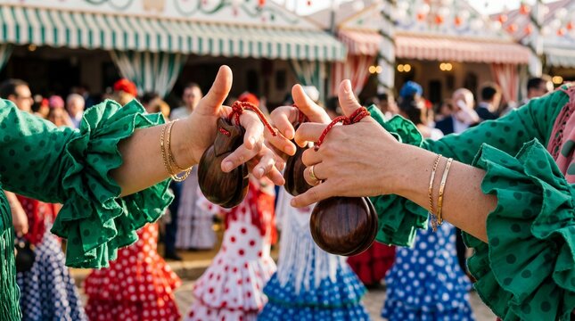 Hands playing castanets in green flamenco dresses at a lively Spanish fair.