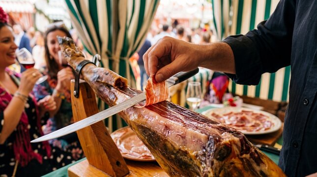 Carving authentic Jamon Iberico cured ham at a festive Spanish fair tent.