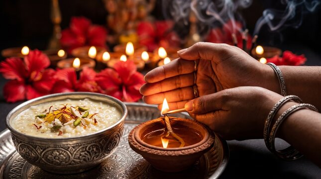 Traditional Navratri bhog ritual offering with holy sweets and glowing diya.