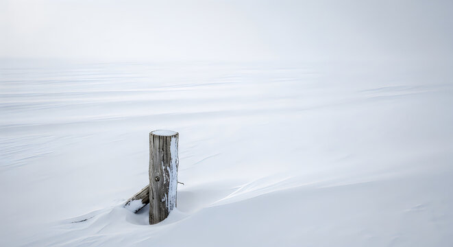Single wooden fence post standing in a vast snow covered field during a winter blizzard