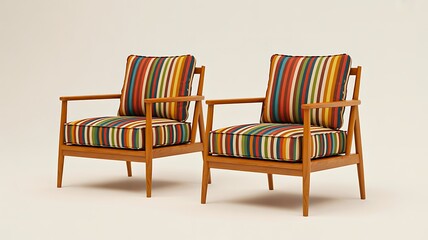 Fototapeta premium Modern wooden armchairs with colorful striped cushions isolated on minimal background 