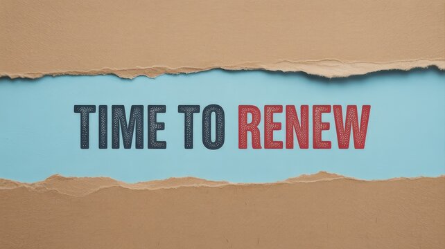 Time to renew text message displayed on a blue background behind torn brown paper edges revealing the important marketing concept