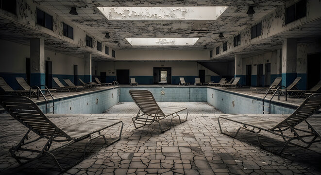 Abandoned indoor swimming pool with empty basin and lounge chairs