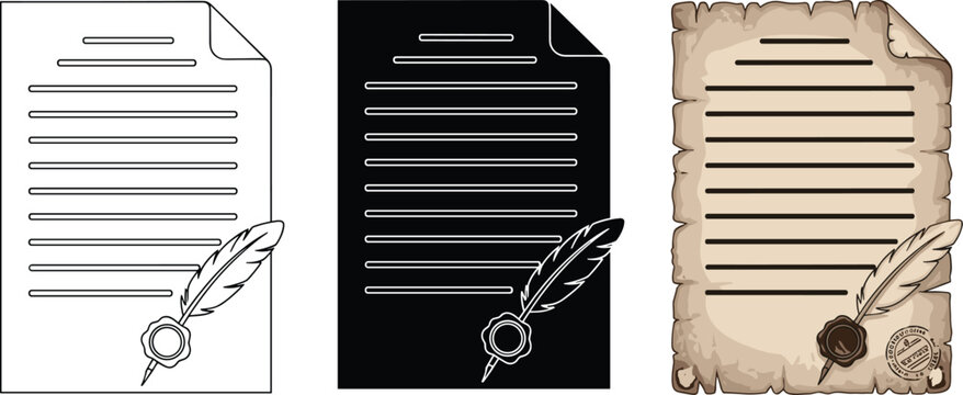 Detailed flat vector illustration set of ancient parchment scrolls with quill pen and wax seal in line, silhouette, and color.