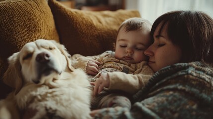 Obraz premium Cozy family moment mother baby and dog relaxing indoors home candid photography warm atmosphere intimate view