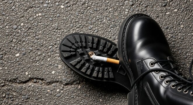 Black leather boot crushing cigarette butt.