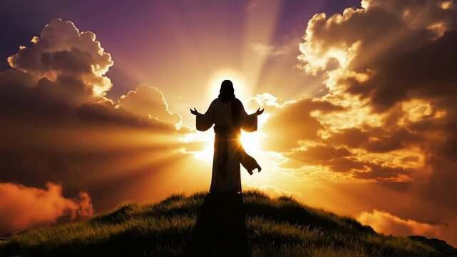 Majestic Jesus Christ Ascending at Sunrise Divine Light Rays Over Mountains