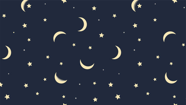 Night sky pattern featuring yellow crescent moons and various sized stars scattered across a dark blue background for dreamy cosmic designs.