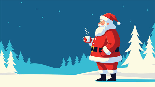 Festive Santa Claus enjoys a hot steaming drink in a scenic winter landscape with snow-covered trees and a starry night sky.