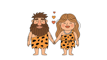 Fototapeta premium Adorable prehistoric caveman and cavewoman couple holding hands with floating hearts representing love and primitive romance.