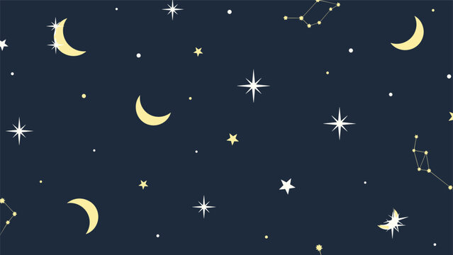 Enchanting seamless pattern on a dark night sky displays various phases of the moon among stars and golden constellations.