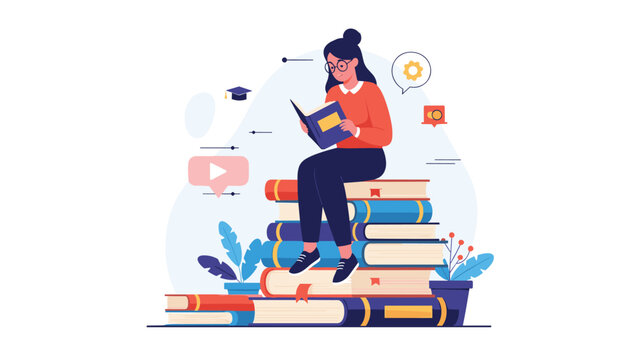 Young woman wearing glasses is perched atop a massive stack of colorful books while deeply engrossed in reading another book.