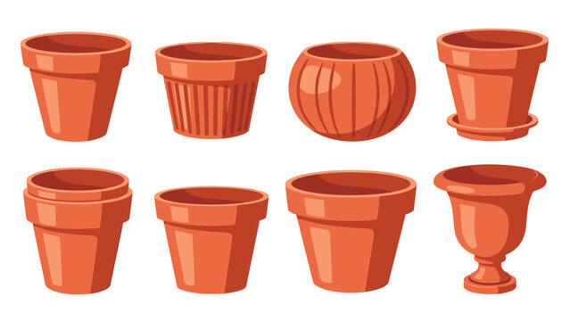 Eight different styles of terracotta plant pots in various shapes and sizes are arranged for gardening and home decor choices.