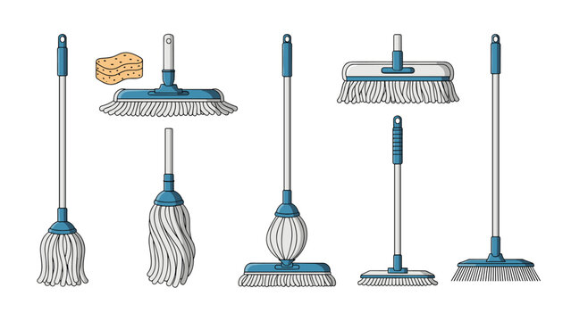 Variety of cleaning mops and a sponge including flat mops, string mops, and a push broom for various household floor cleaning tasks.