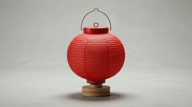 Red paper lantern with wooden base and metal handle standing on a neutral background in soft lighting