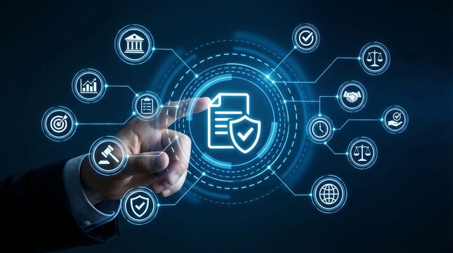 A hand interacts with a prominent glowing digital document icon featuring a shield and checkmark, surrounded by numerous interconnected related service icons.