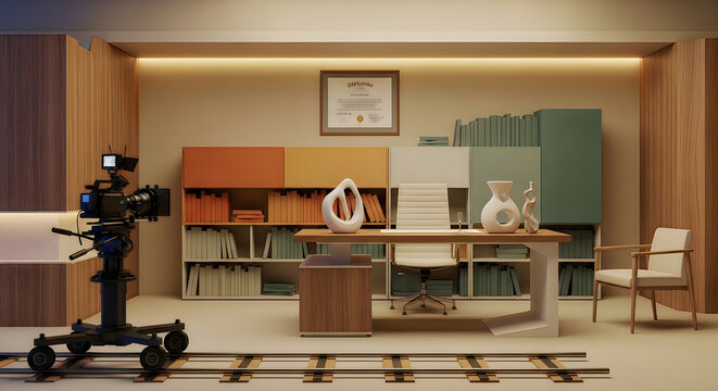 Professional film camera on dolly tracks filming a modern office interior with desk, chair, and bookshelf background
