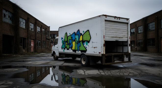 Graffiticovered delivery truck parked in an abandoned industrial lot with brick buildings and puddles on the ground