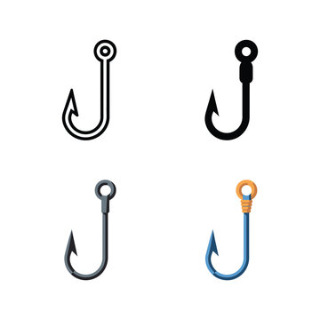 Angling hook collection, barbed lure icons, freshwater and saltwater kit, boating weekend banner, camping trip checklist, vector illustration design