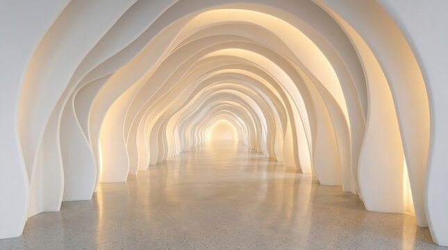 Futuristic abstract tunnel glowing with warm light in minimalist architectural design showcasing curves
