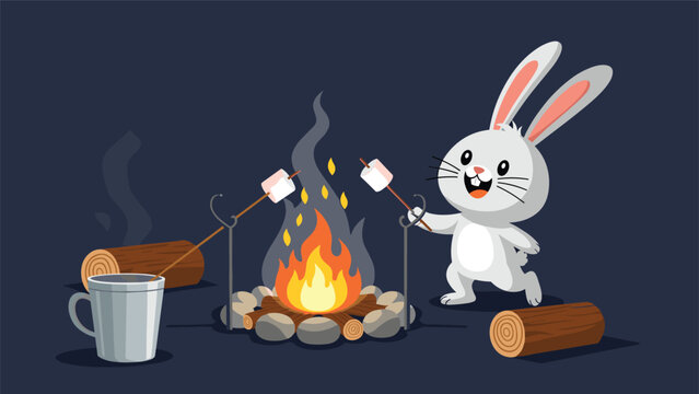 Happy cartoon rabbit roasting marshmallows over a glowing campfire during a starry night outdoor camping adventure.