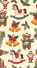 Fototapeta premium Whimsical Hand-Drawn Christmas Toys: Joyful Bears, Rocking Horses, and Bells on a Creamy Canvas