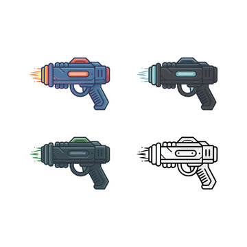 Futuristic plasma pistol set featuring modular designs, neon details, sci fi arsenal graphics for esports branding, streaming overlays, merchandise