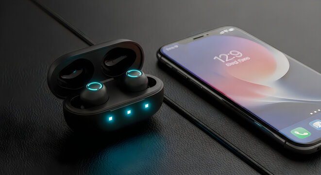 Wireless earbuds in a charging case next to a modern smartphone on a dark textured leather surface