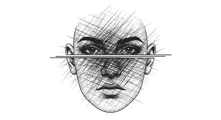 Obraz premium Distorted Face with Lines Overlay, Identity Concept, Black and White Sketch