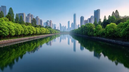 Fototapeta premium Serene Urban Reflection of Skyscrapers and Lush Green Trees Along a Peaceful River in a Modern Cityscape at Dawn