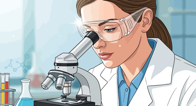 Female scientist in lab coat using microscope in laboratory